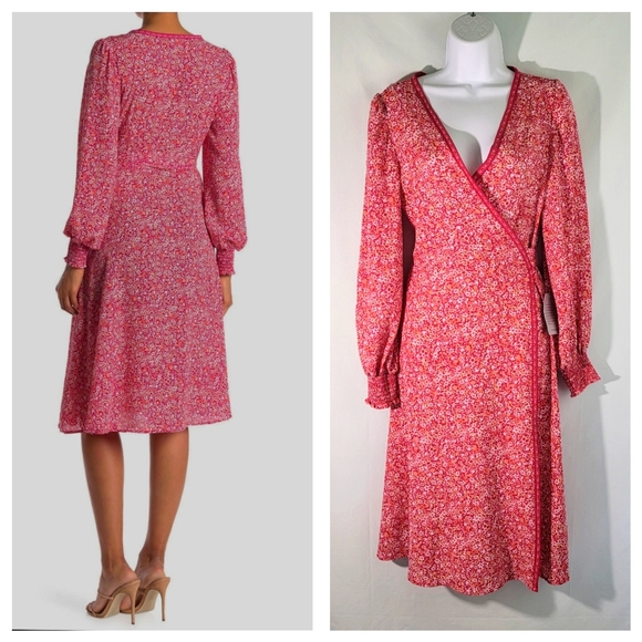 Max Studio Dresses & Skirts - NWT MAX STUDIO Red Dott Print Wrap Midi Dress Size M Smocked Cuff Long Sleeve
